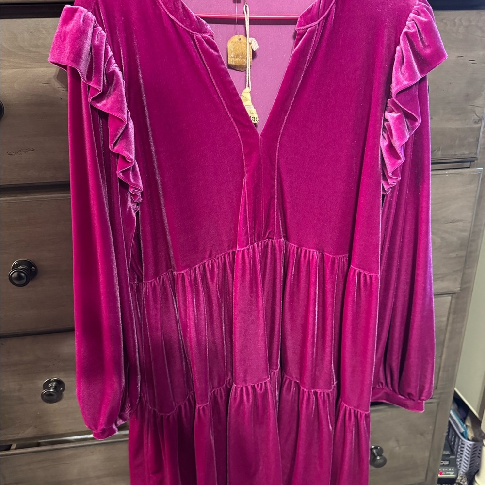 Vibrant Pink Velvet Dress with Ruffle Sleeves